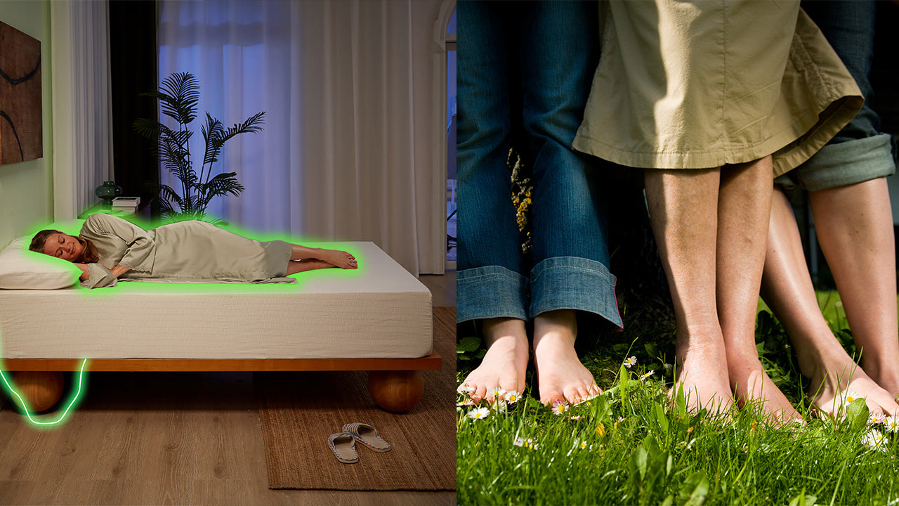 Grounding sheet with green energy flow compared to barefoot grounding on grass.