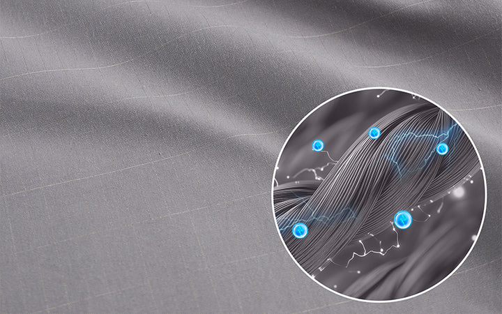 A close-up of grey fabric with an inset showing a magnified view of fibers and blue particles.